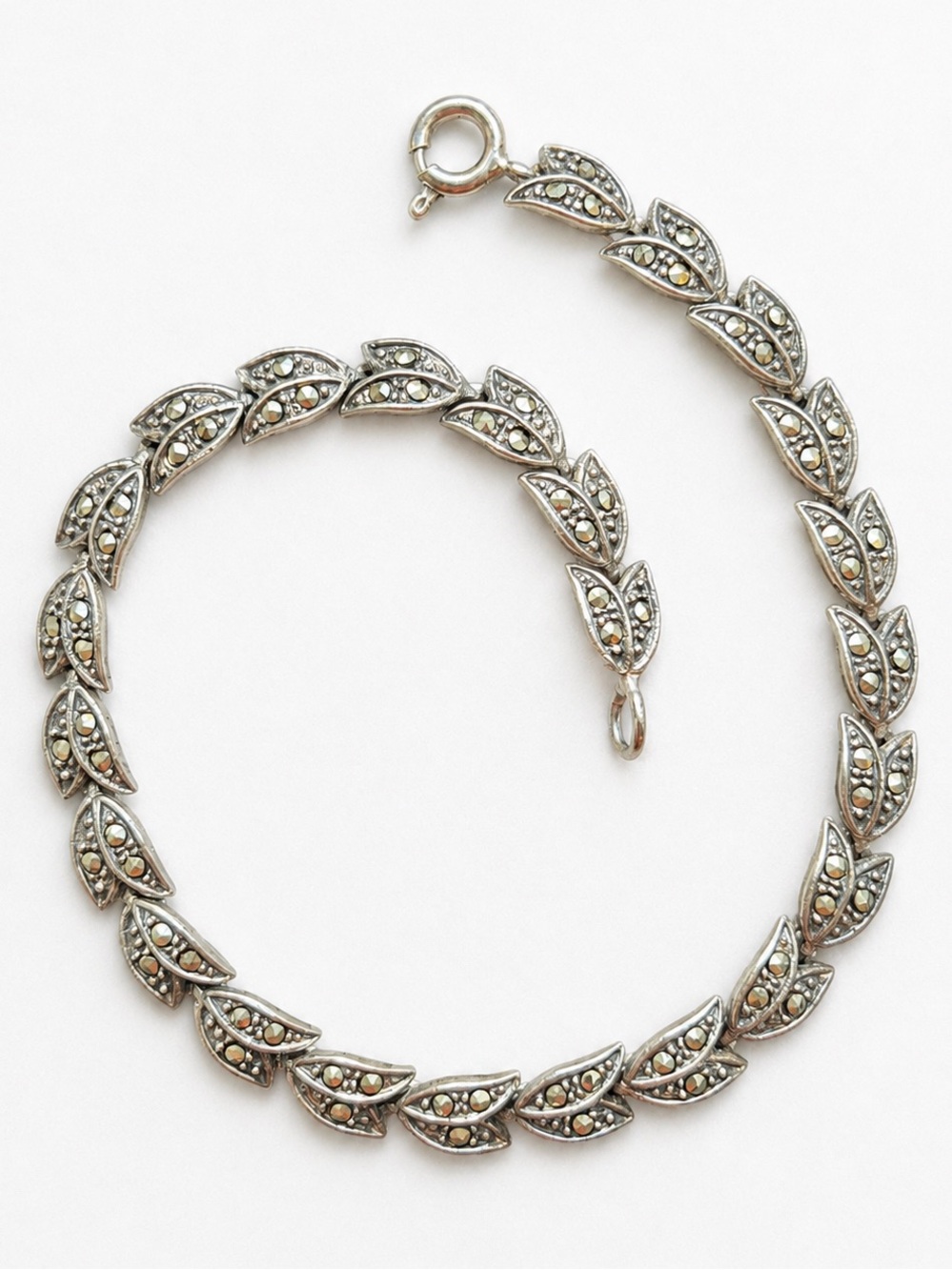 Sterling Silver Vintage Marcasite Stone Leaf Link Bracelet